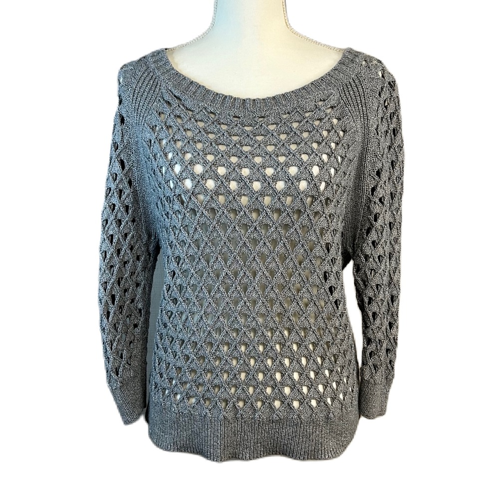 American Eagle Womens Open Knit Sweater L Cotton Gray 3/4 Sleeve Coastal Neutral